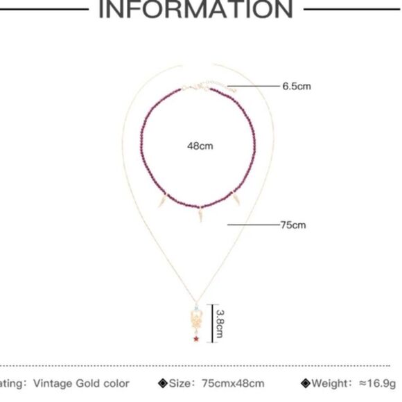 Red Beaded Abstract Rhinestone Vintage Gold Layered Pendant Necklace - Picture 3 of 8